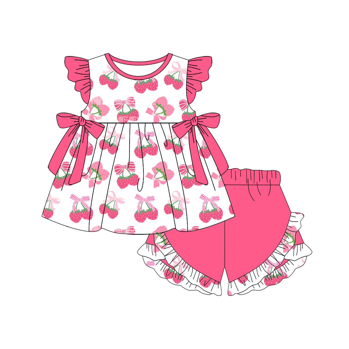 preorder GSSO2554 strawberry bows hot pink flutter sleeve hot pink shorts girls set
