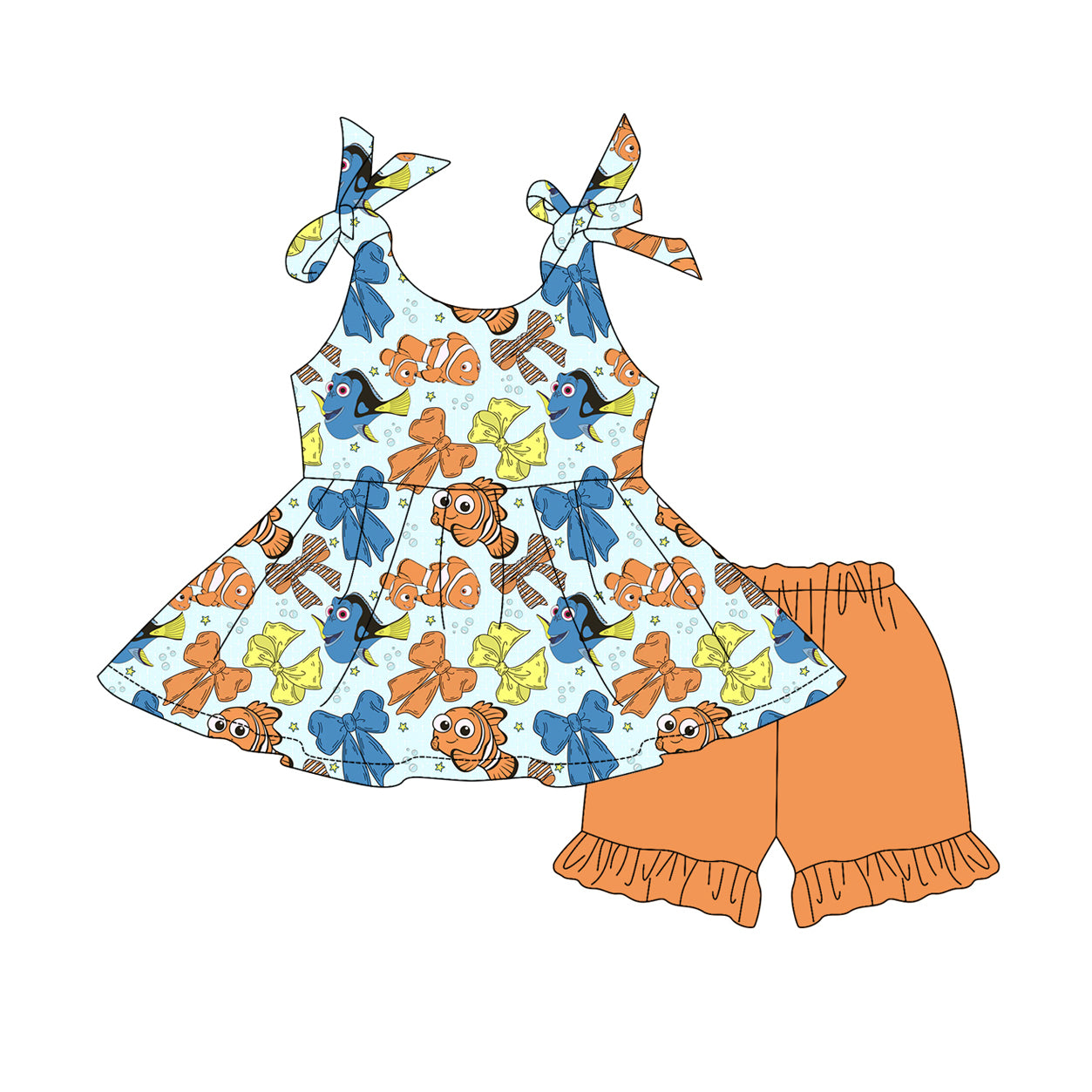 preorder GSSO2556 cartoon fish sleeveless orange shorts girls set