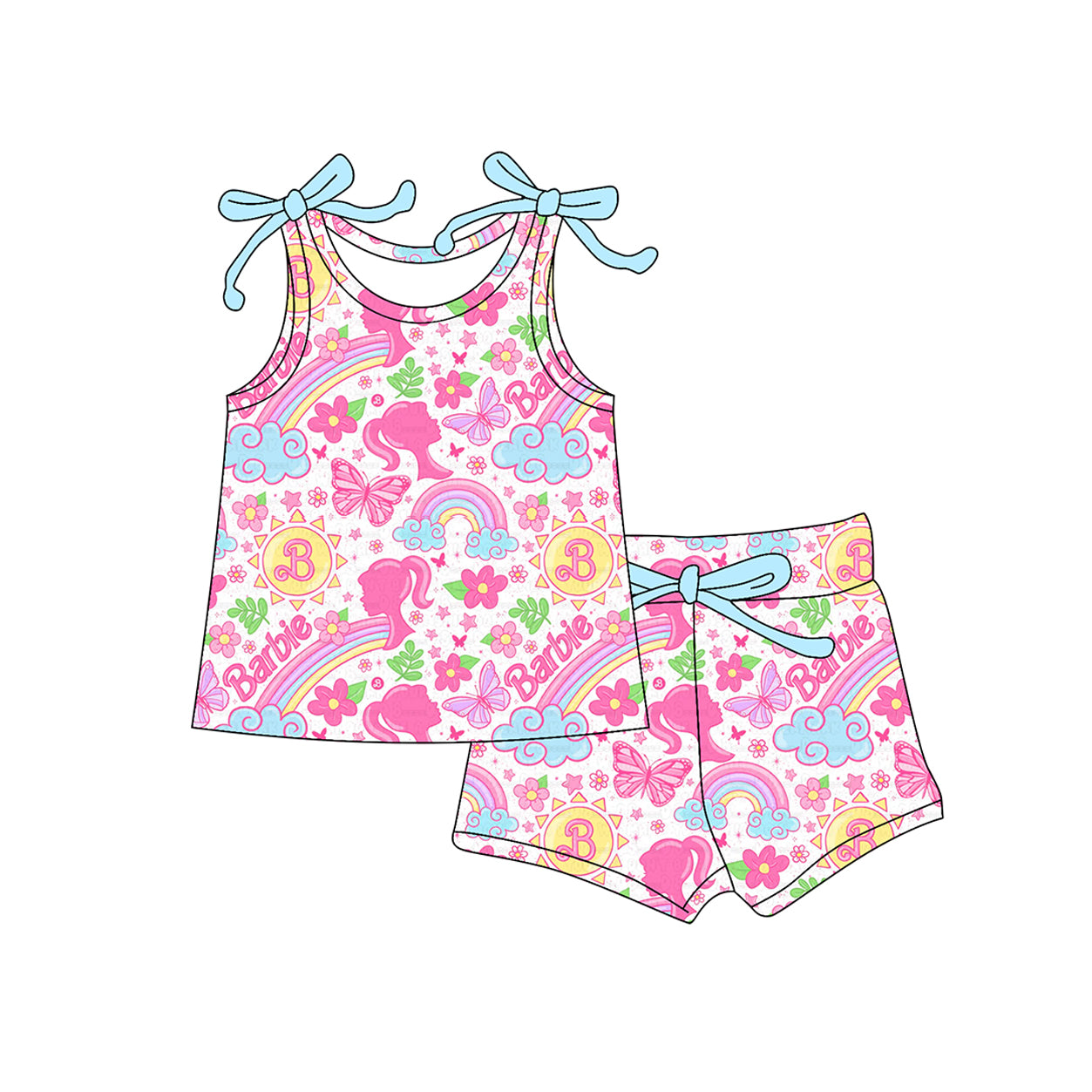 preorder GSSO2557 cartoon BA rainbow butterfly hot pink sleeveless shorts girls set