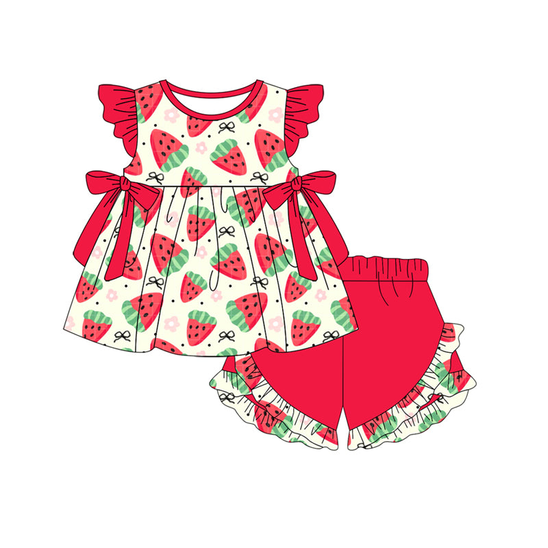 preorder GSSO2559 Summer watermelon red with bows flutter sleeve red shorts girls set