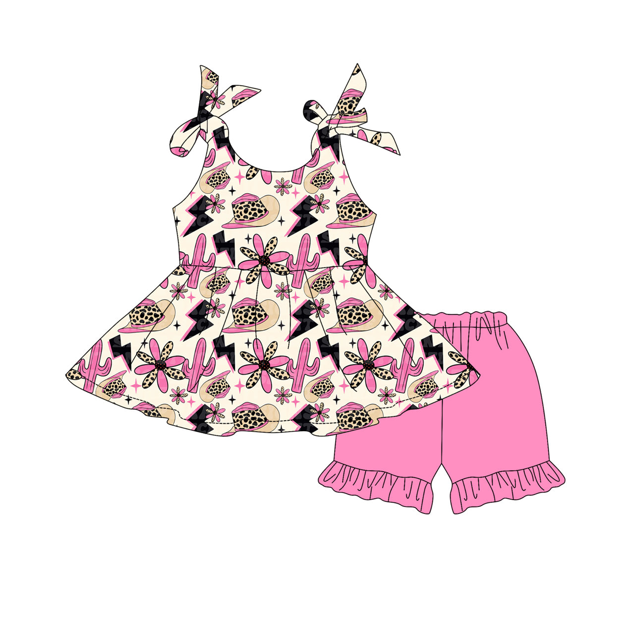 preorder GSSO2561 Western leopard hat flowers sleeveless pink shorts girls set