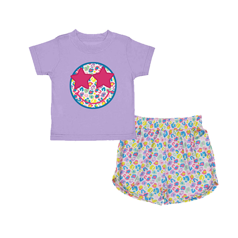 preorder GSSO2562 leopard smile purple short sleeve colorful leopard shorts girls set