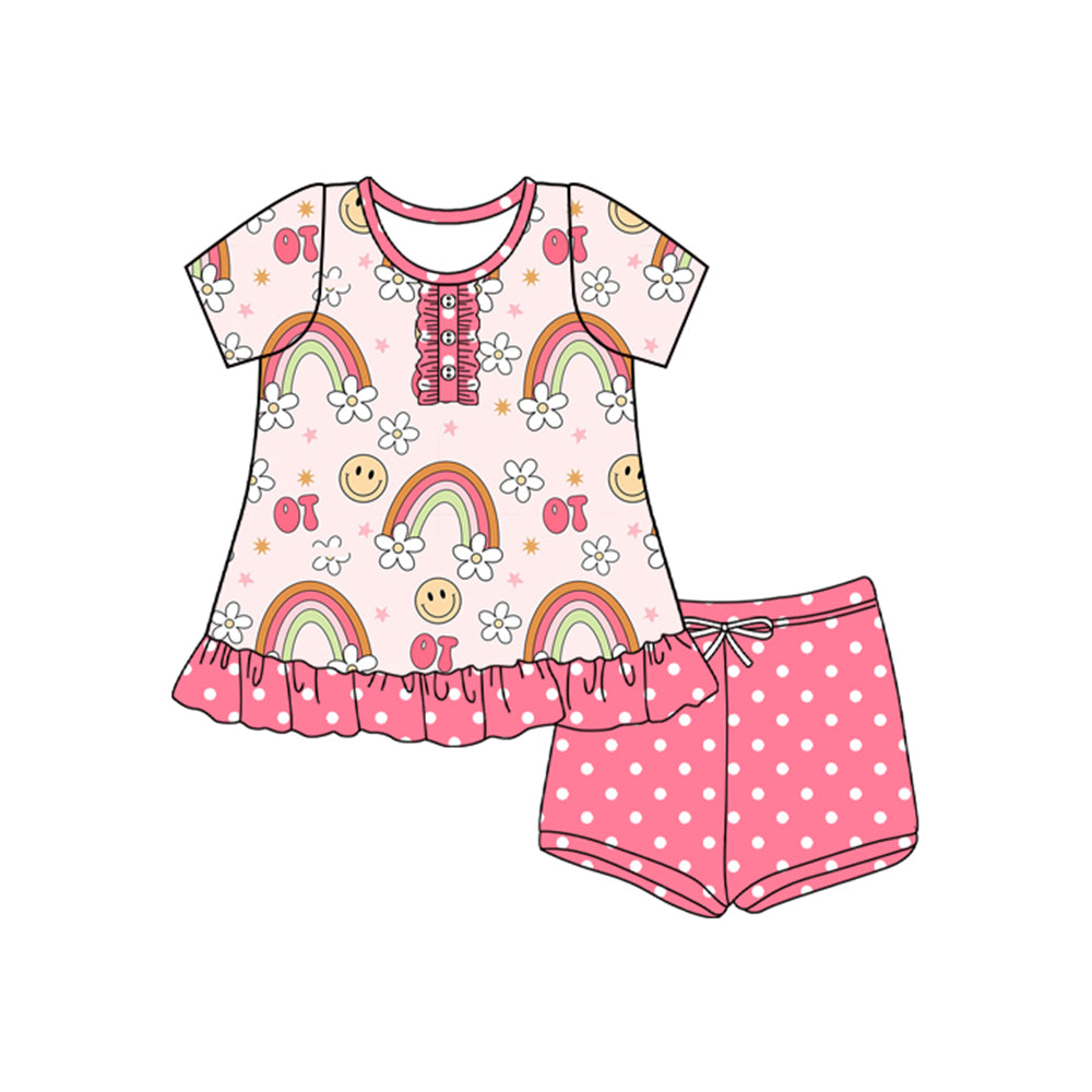 preorder GSSO2564 cartoon smile rainbow flowers short sleeve pink dot shorts girls set