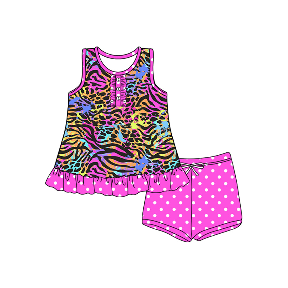 preorder GSSO2565 cartoon LI purple leopard sleeveless purple dot shorts girls set
