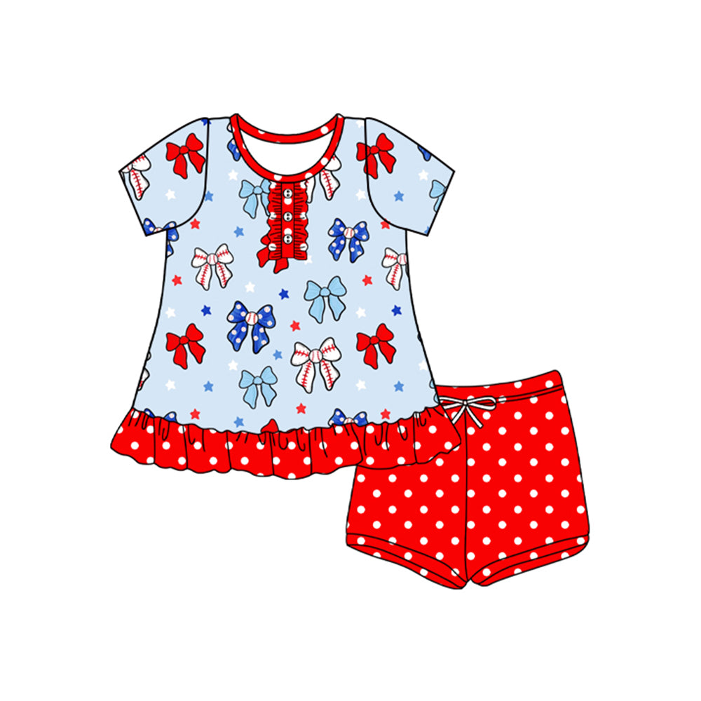 preorder GSSO2566 July 4th baseball bows short sleeve red dot shorts girls set