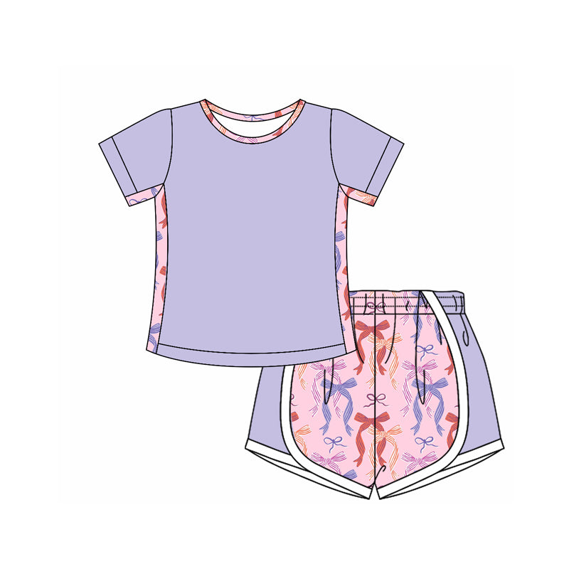 preorder GSSO2567 purple short sleeve bows pink shorts girls set