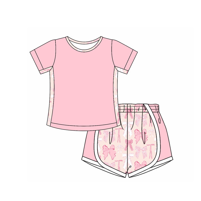 preorder GSSO2568 pink short sleeve bows pink shorts girls set