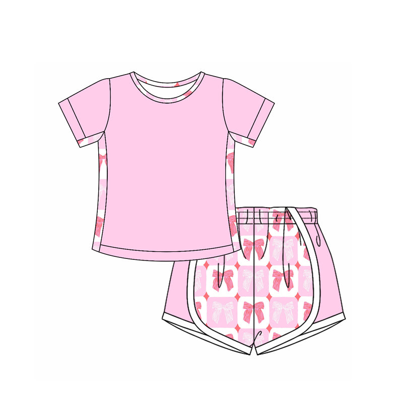 preorder GSSO2569 pink short sleeve bows pink shorts girls set