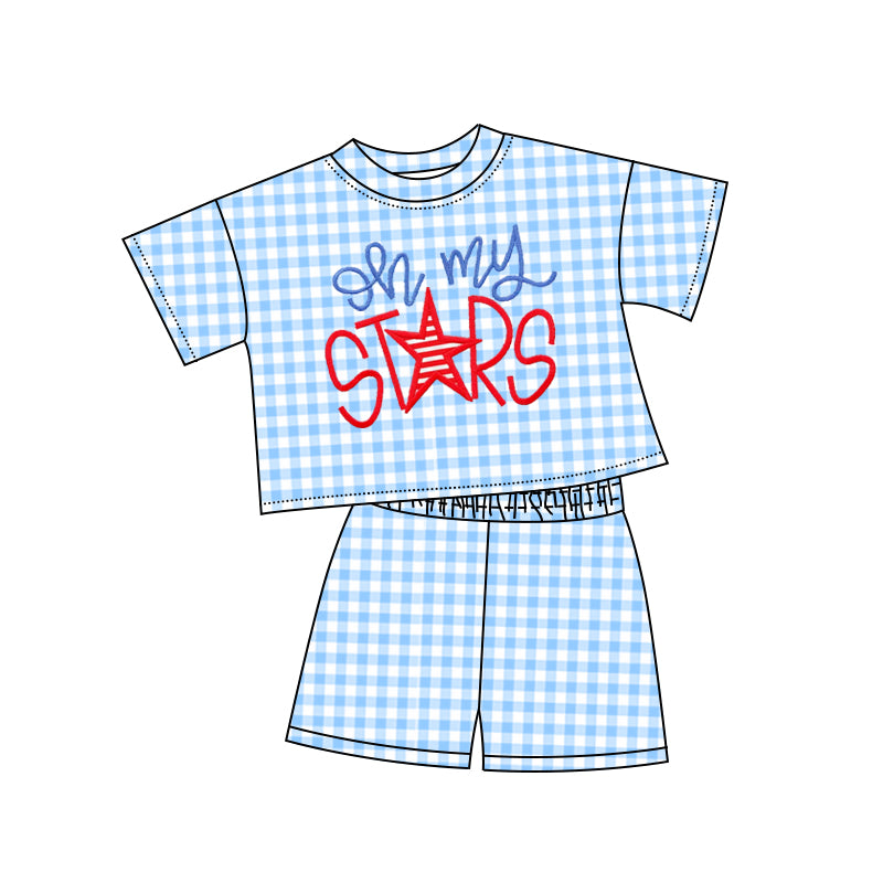 preorder GSSO2578 July 4th oh my stars blue checkered short sleeve shorts girls set