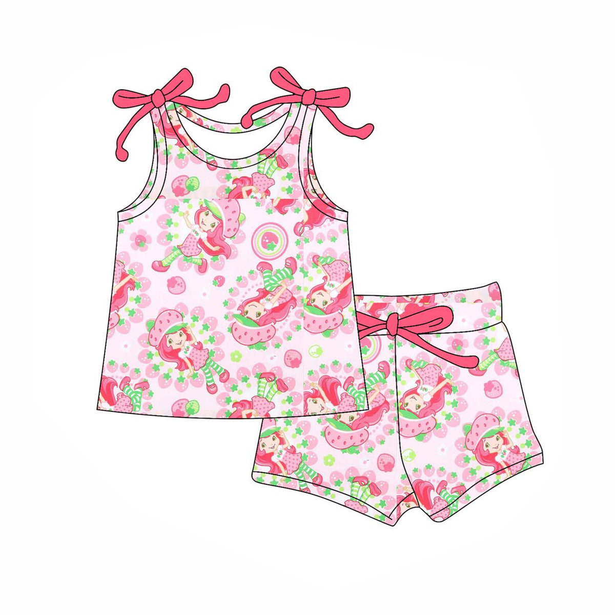 preorder GSSO2581 cartoon strawberry girl sleeveless pink shorts girls set