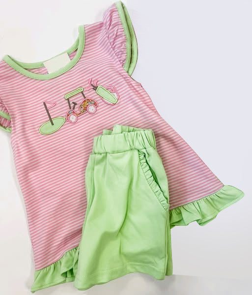preorder GSSO2583 cartoon golf pink striped flutter sleeve green shorts girls set