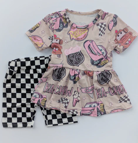 preorder GSSO2584 cartoon car short sleeve black checkered shorts girls set