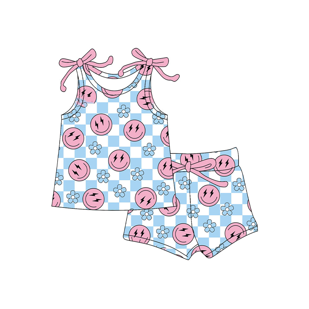 preorder GSSO2585 smile flowers blue checkered shorts pink girls set