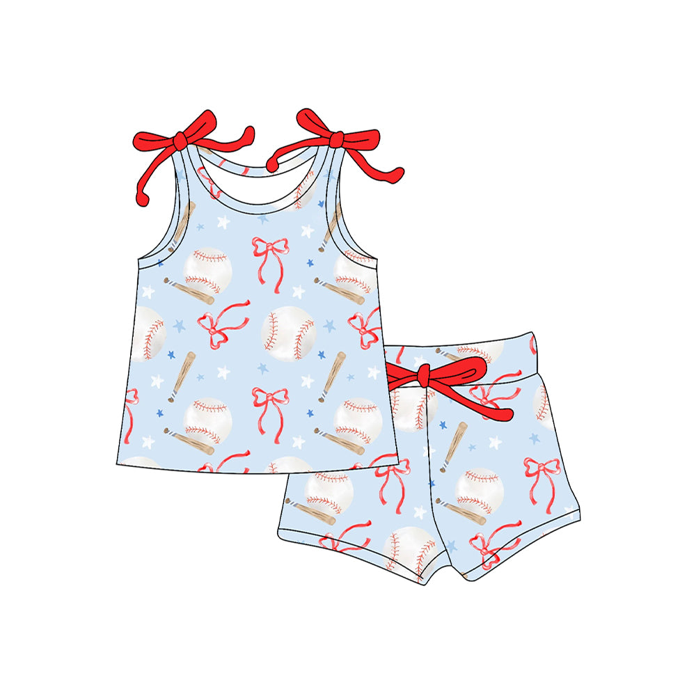 preorder GSSO2586 cute baseball bows blue sleeveless shorts girls set
