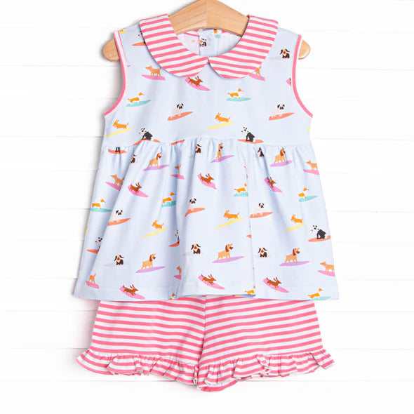 preorder GSSO2587 cartoon dog sleevless red striped shorts girls set