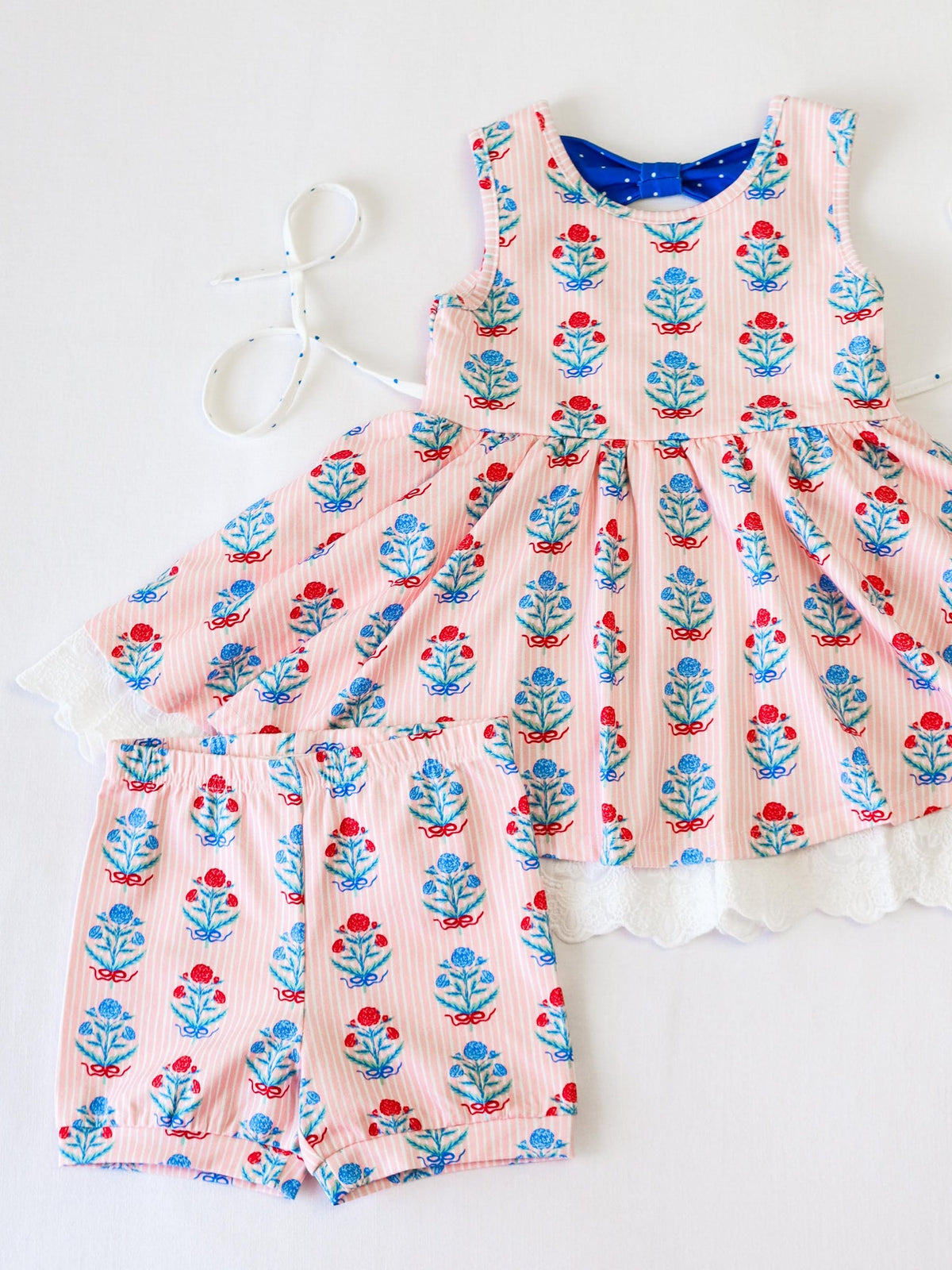 preorder GSSO2590 blue flowers pink sleeceless pink shorts girls set