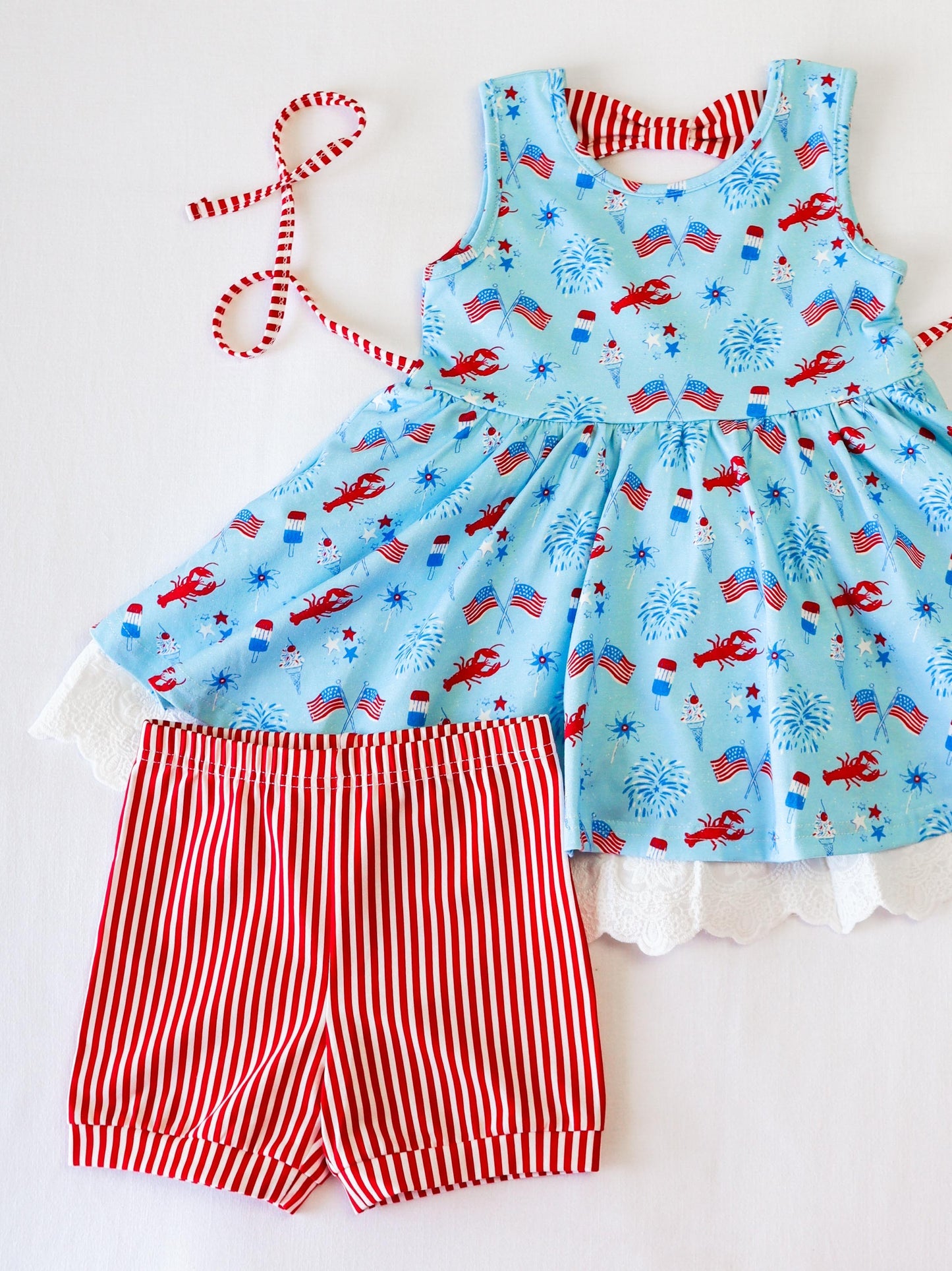 preorder GSSO2592 July 4th flag blue sleeveless red striped shorts girls set
