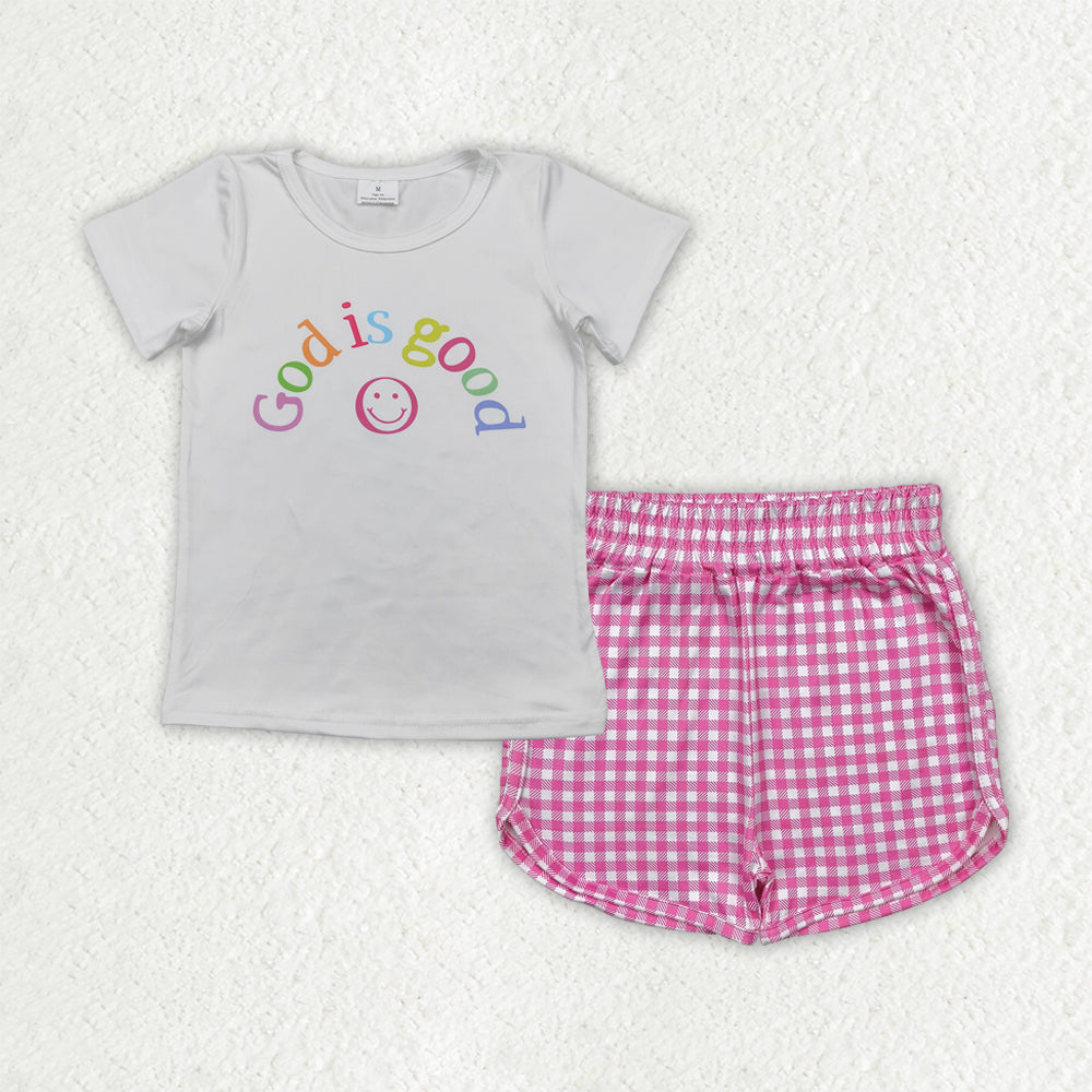 GSSO2594 god is good smile short sleeve pink checkered shorts girls set