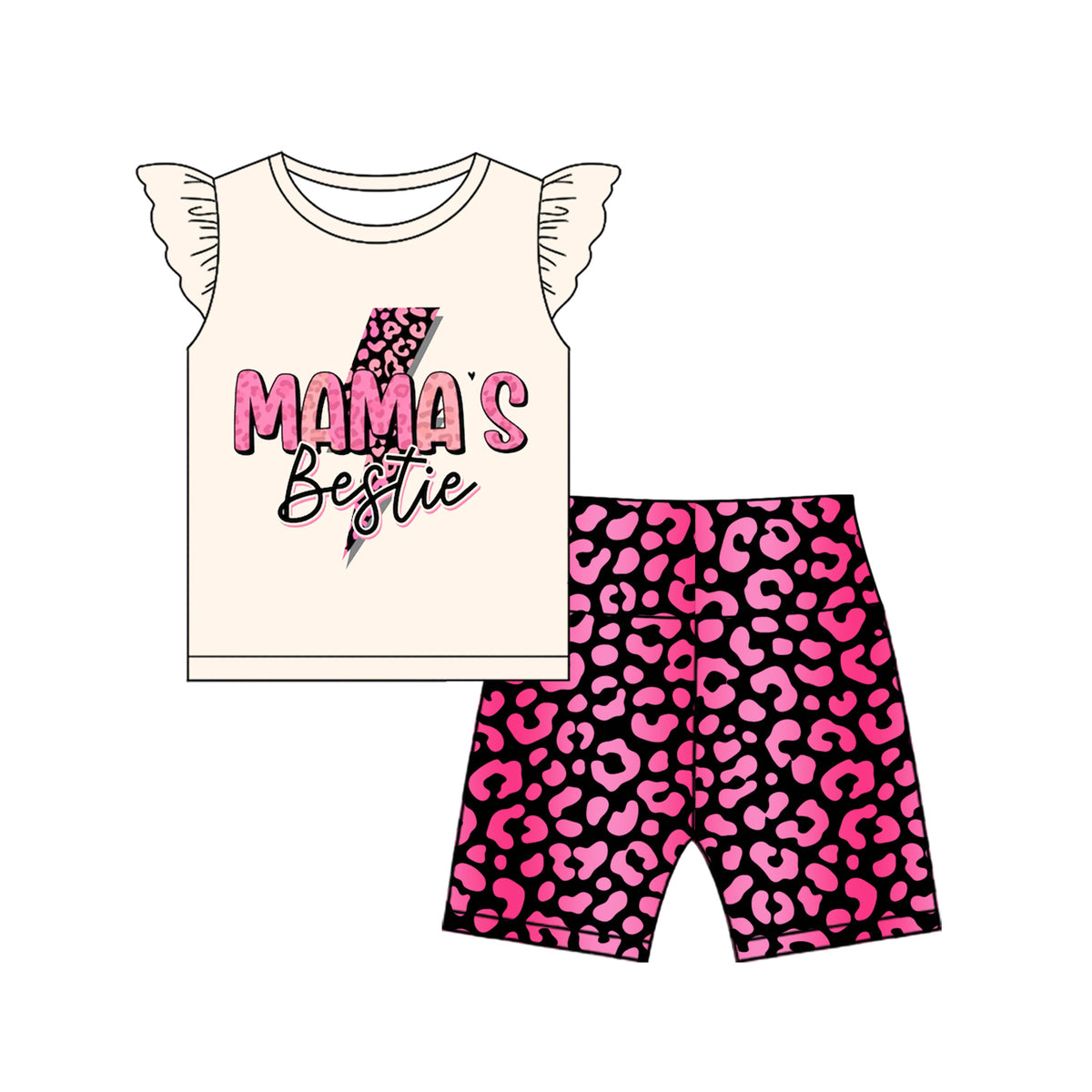 preorder GSSO2596 mama's bestie flash flutter sleeve hot pink leopard shorts girls set