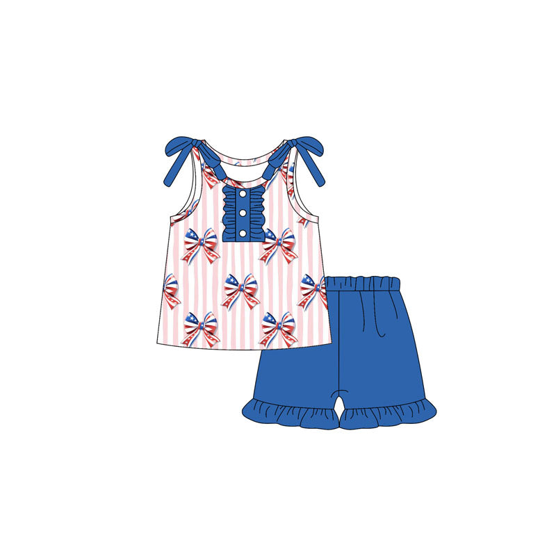 preorder GSSO2599 July 4th flag bows pink striped sleeveless blue shorts girls set