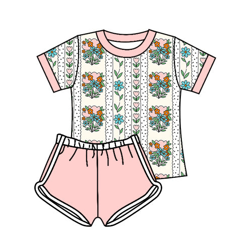 preorder GSSO2607 colorful flowers short sleeve pink shorts girls set