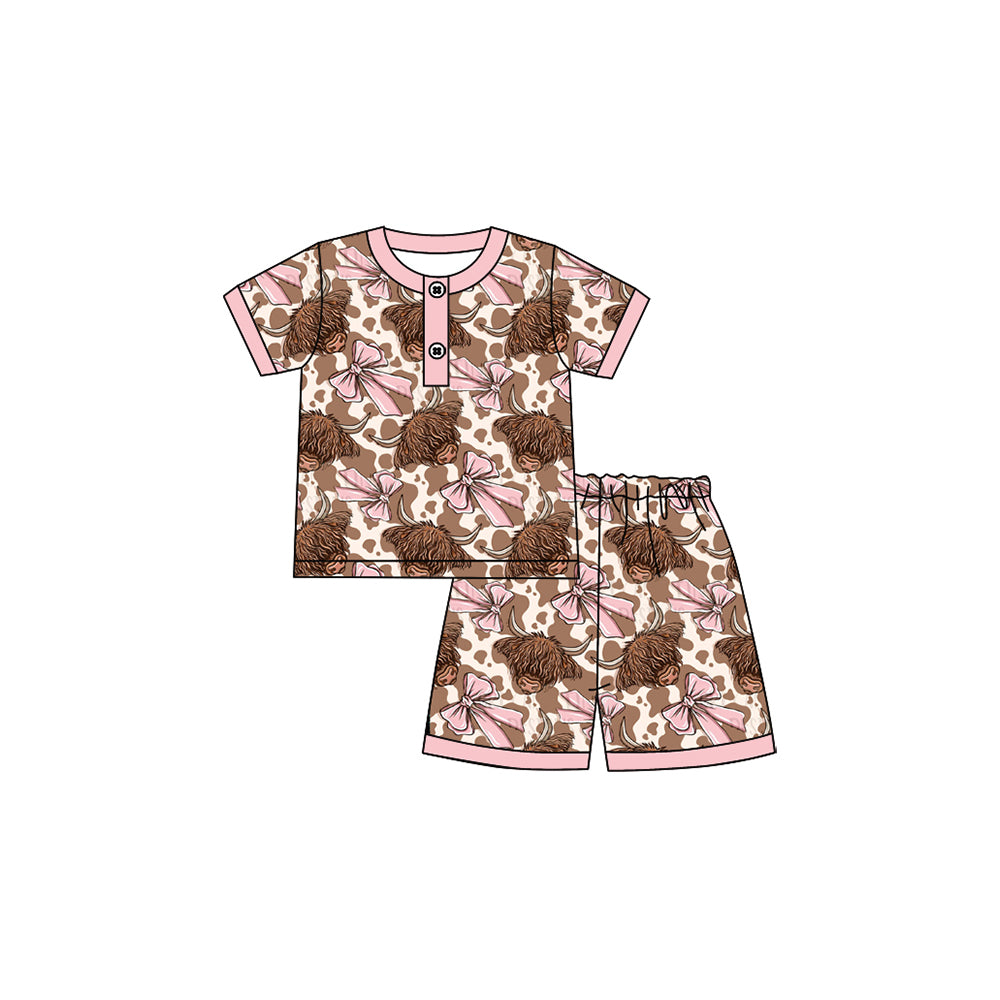 preorder GSSO2612 Western highland cow pink bows short sleeve shorts girls pajamas