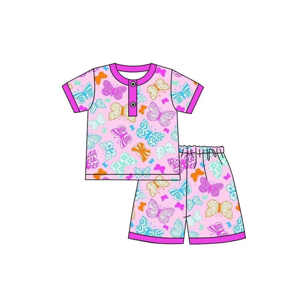 preorder GSSO2619 colorful butterfly purple short sleeve shorts girls pajamas