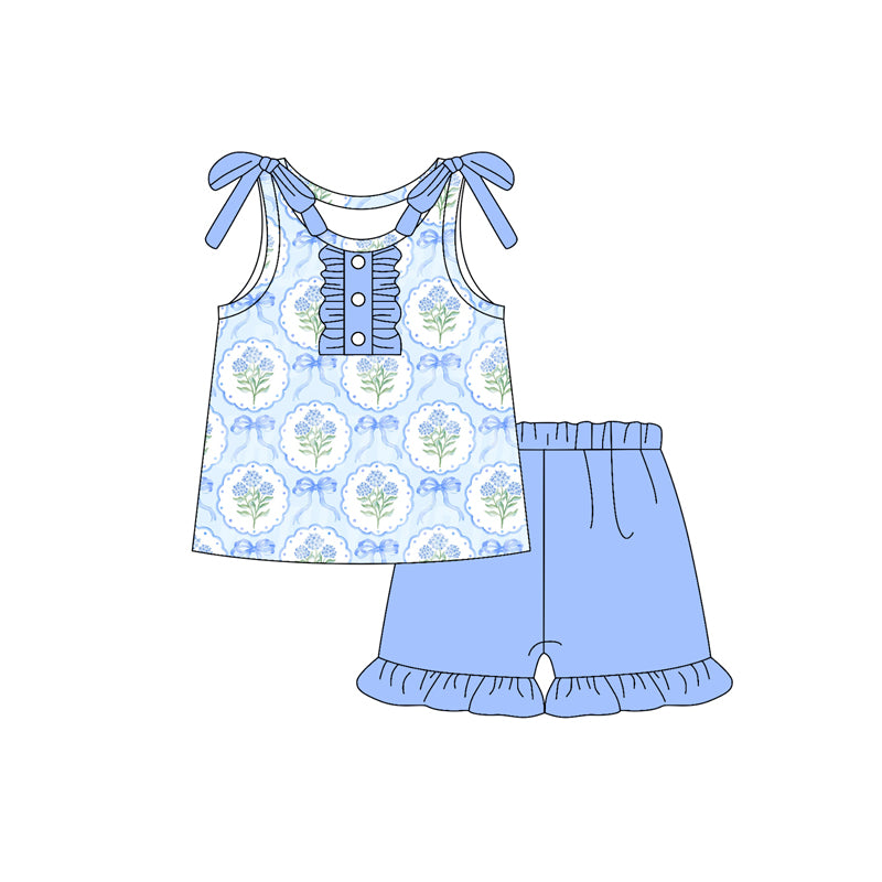 preorder GSSO2638 blue flowers bows sleeveless blue shorts girls set