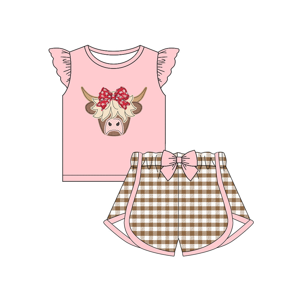 preorder GSSO2640 Western highland cow pink flutter sleeve checkered shorts girls set