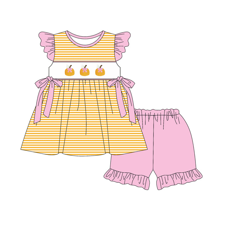 preorder GSSO2644 pumpkin orange striped bows flutter sleeve pink shorts girls set