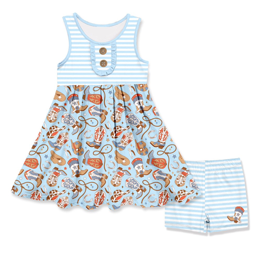 preorder GSSO2645 Western boots hat sleeveless blue striped shorts girls set