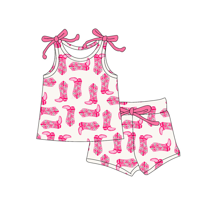 preorder GSSO2658 Summer Western boot hot pink sleeveless shorts girls set
