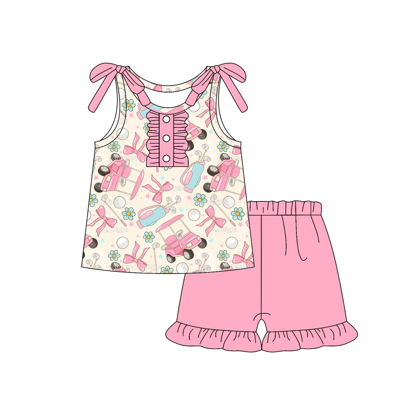 preorder GSSO2659 cartoon golf car bows flowers sleeveless pink shorts girls set