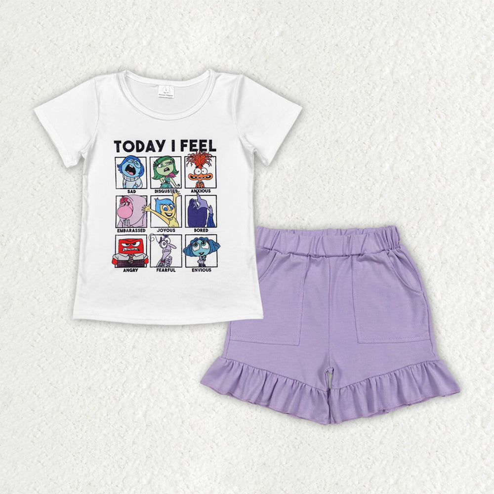 GSSO2665 today i feel cartoon baby short sleeve purple shorts girls set