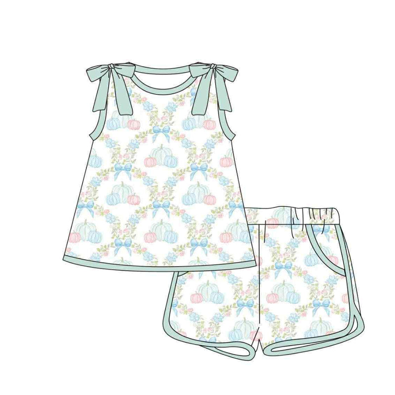 preorder GSSO2666 blue/pink pumpkin flowers bows sleeveless shorts girls set
