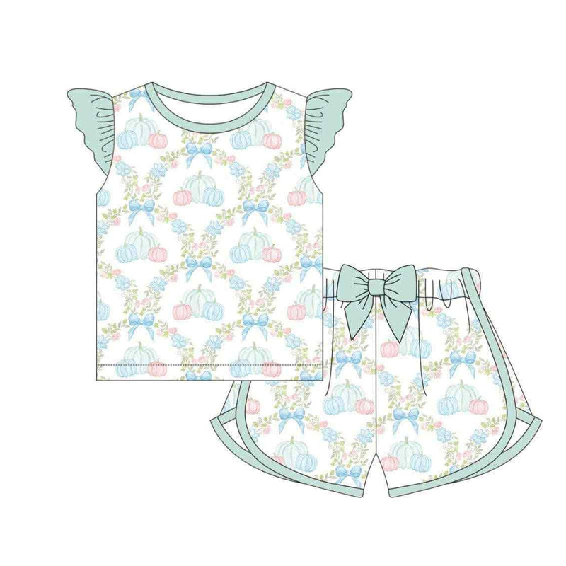 preorder GSSO2667 blue/pink pumpkin flowers bows flutter sleeve shorts girls set