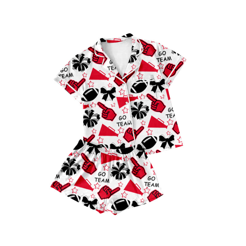 preorder GSSO2673 football team bows red/black short sleeve shorts girls pajamas