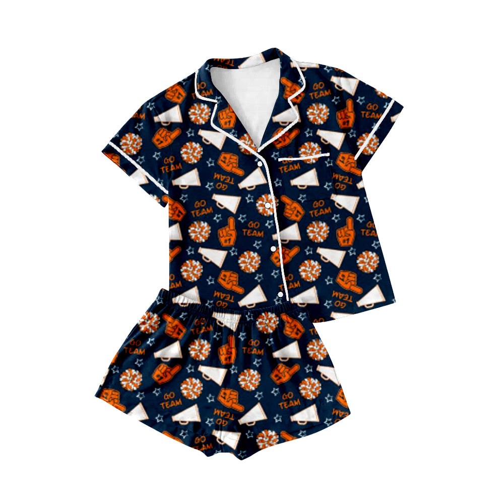 preorder GSSO2677 football team bows orange/navy blue short sleeve shorts girls pajamas