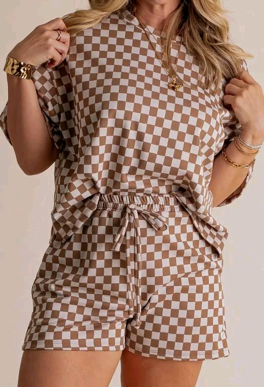 preorder GSSO2680 khaki checkered short sleeve shorts girls pajamas