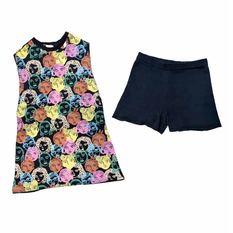 preorder GSSO2682 colorful cartoon face black sleeveless shorts girls set