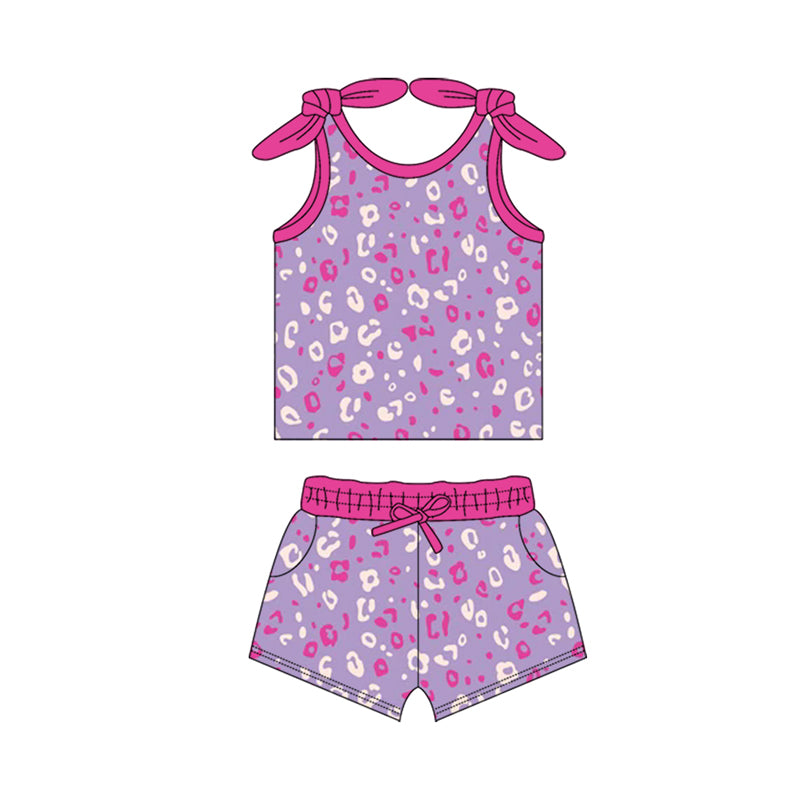 preorder GSSO2684 leopard purple sleeveless shorts girls set