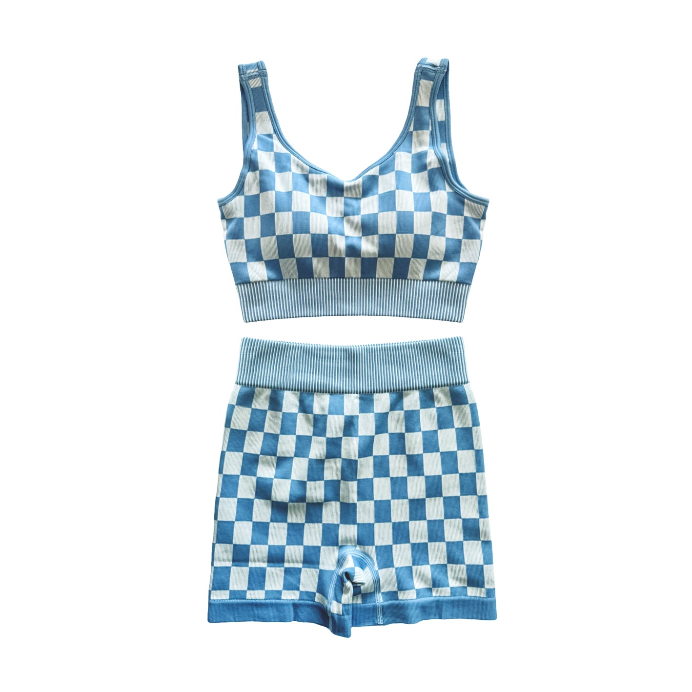 preorder GSSO2690 yoga adult blue checkered sleeveless shorts set