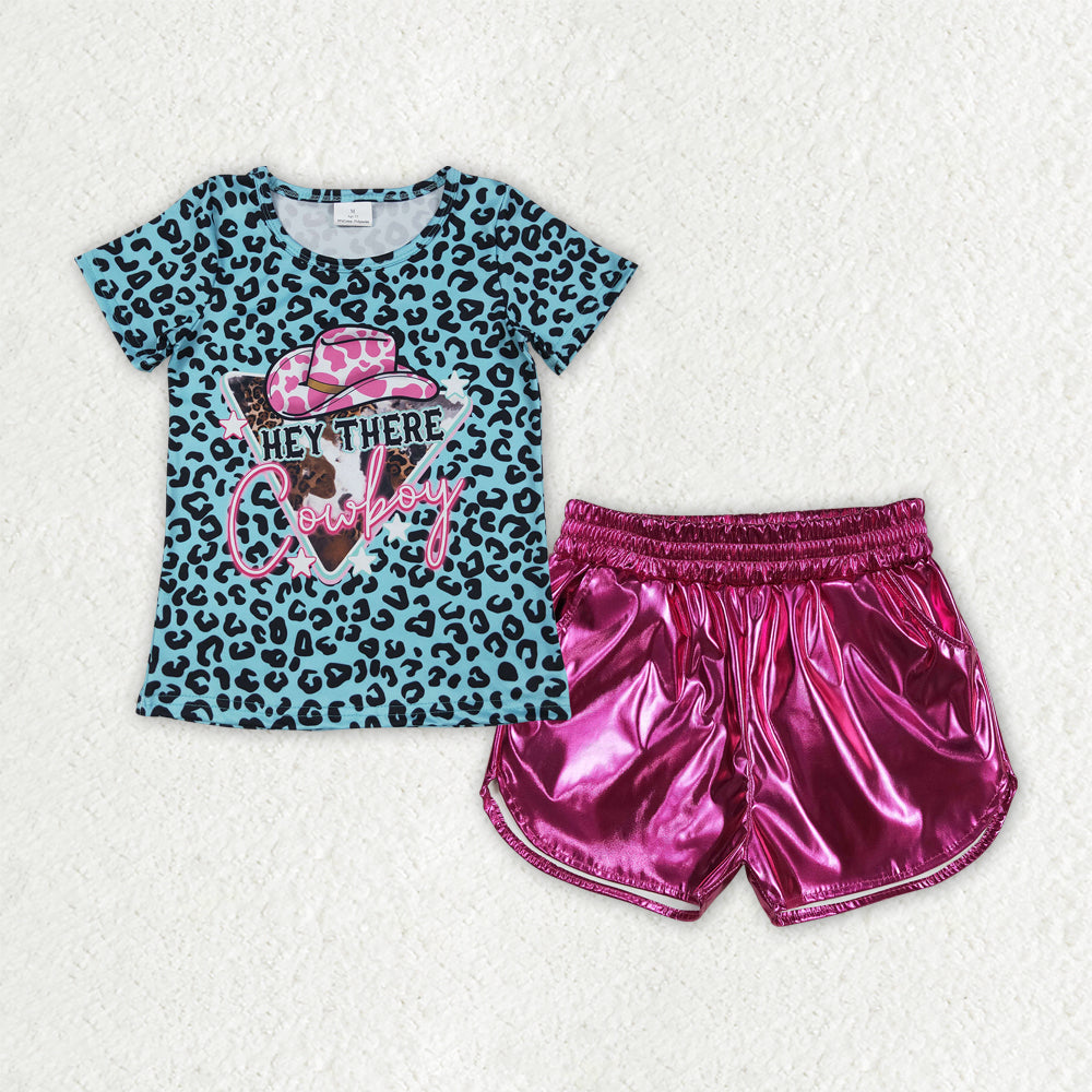 GSSO2692 Western cowboy hat blue leoaprd short sleeve hot pink leather shorts girls set