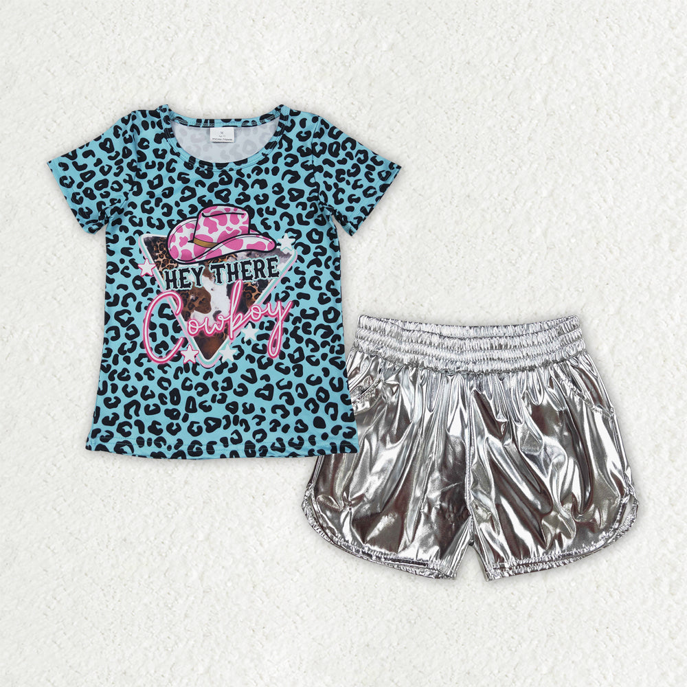 GSSO2693 Western cowboy hat blue leoaprd short sleeve silver leather shorts girls set