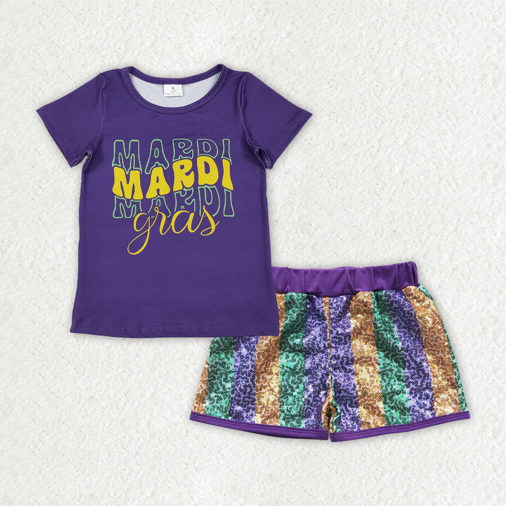 GSSO2713 Mardi Gras Purple Short Sleeve Sequin Shorts Girls Set