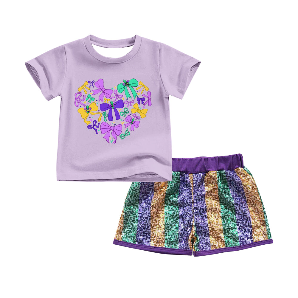 preorder GSSO2715 Mardi Gras colorful bows purple short sleeve sequin shorts girls set