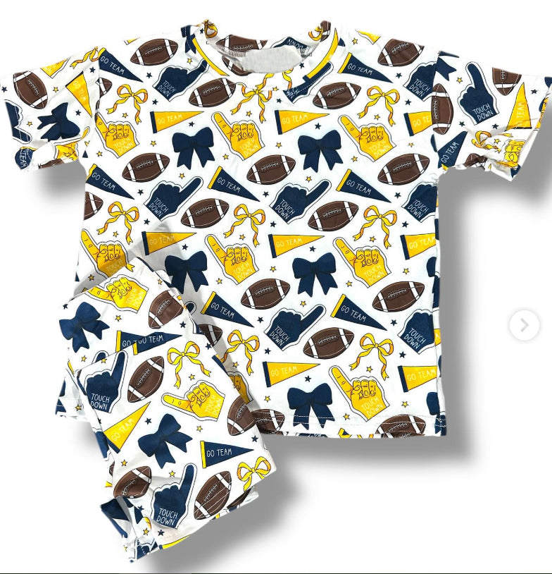 preorder GSSO2721 football team yellow navy blue bows short sleeve shorts girls set
