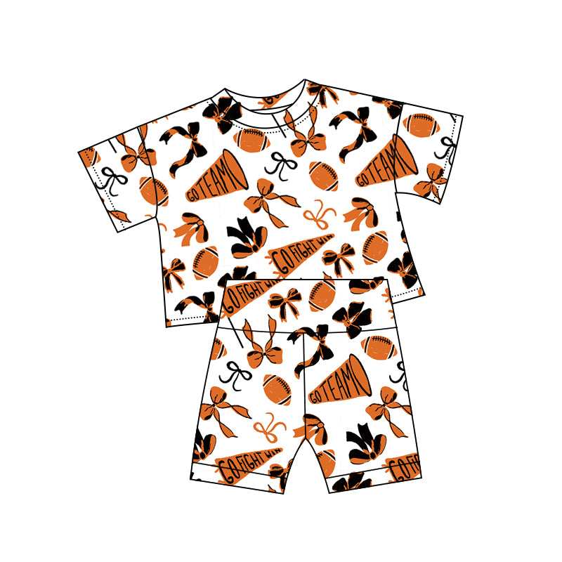 preorder GSSO2724 football team go fight orange bows short sleeve shorts girls set