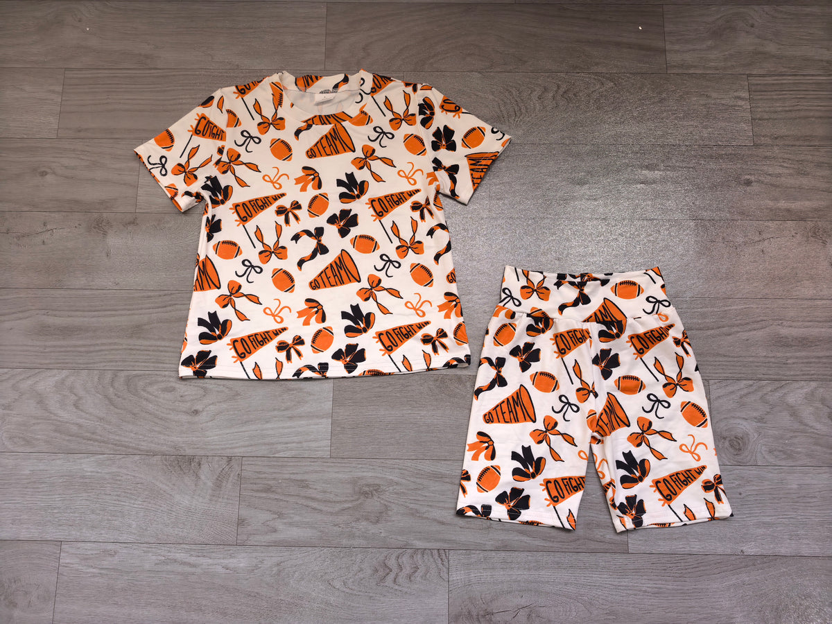 preorder Samples GSSO2724 football team go fight orange bows short sleeve shorts girls set