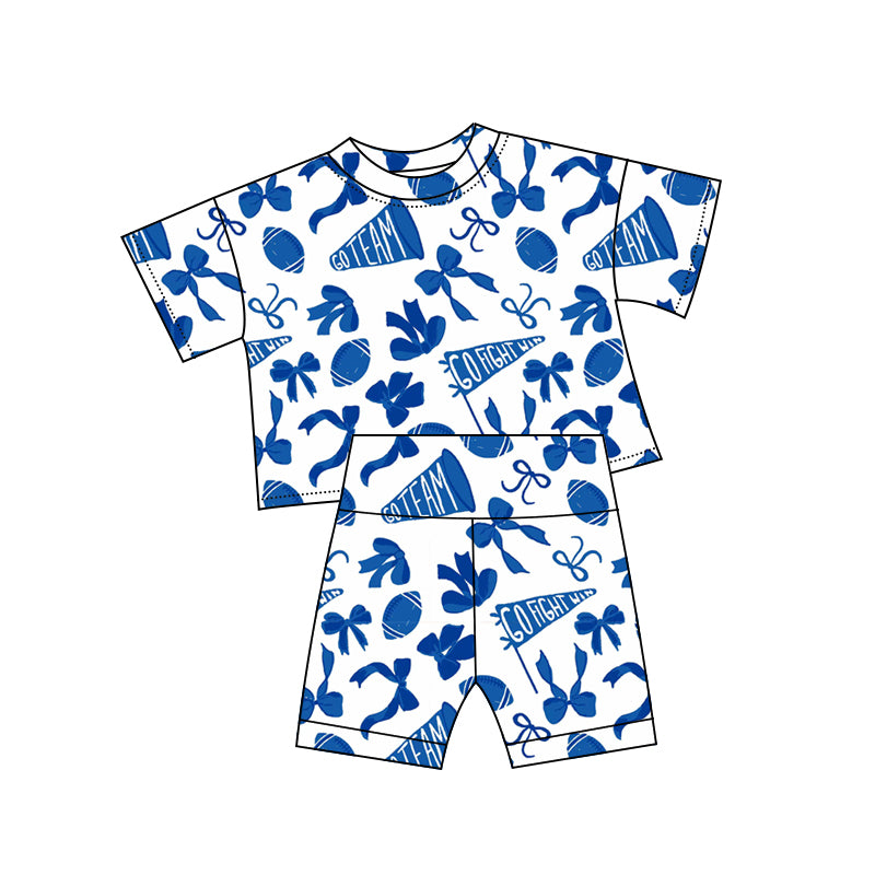 preorder GSSO2725 football team go fight blue bows short sleeve shorts girls set